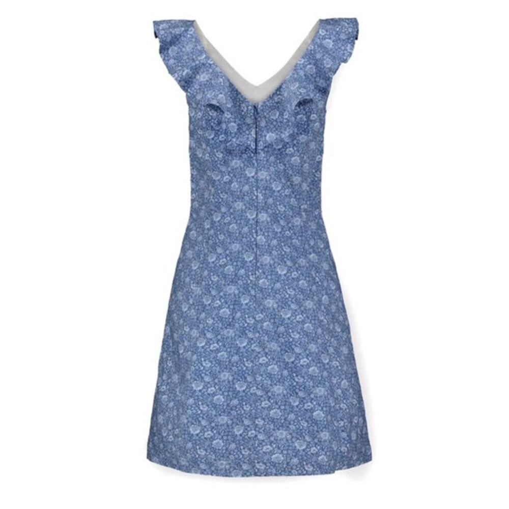 Hope & Henry Womens V Neck Ruffle Shift Dress 10 Blue Floral Organic Cotton